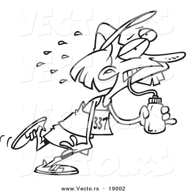Vector of a Cartoon Female Marathon Runner Sucking up Water - Outlined Coloring Page