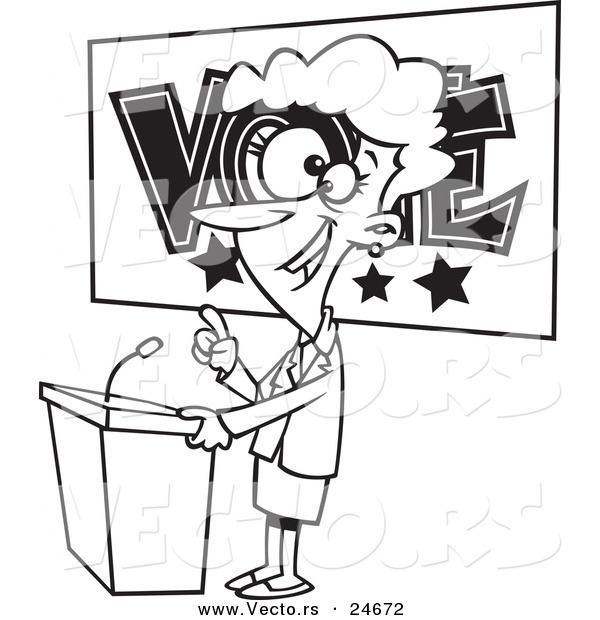 Vector of a Cartoon Female Politician Giving a Speech Before an Election - Outlined Coloring Page