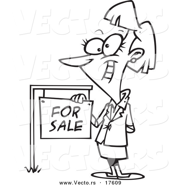 Vector of a Cartoon Female Realtor by a for Sale Sign - Coloring Page Outline