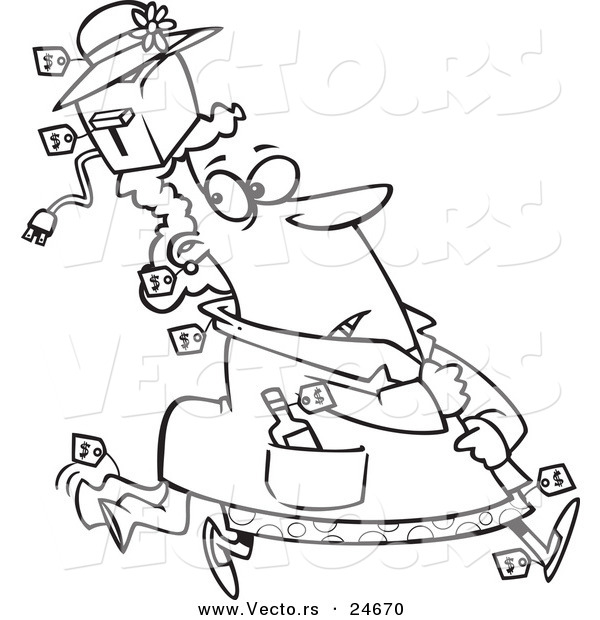 Vector of a Cartoon Female Shoplifter with Items Stashed in Her Hat and Clothes - Outlined Coloring Page