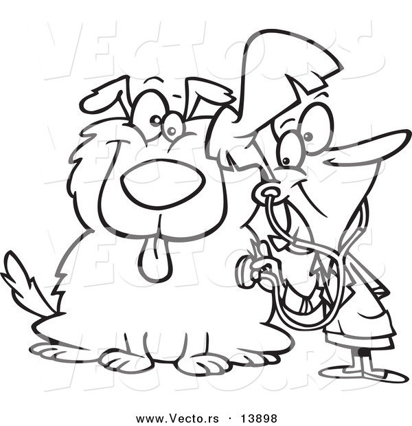Vector of a Cartoon Female Vet Using a Stethoscope on a Dog - Coloring Page Outline