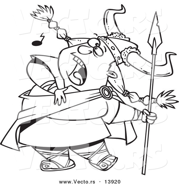 Vector of a Cartoon Female Viking Singing a Song and Holding a Spear - Coloring Page Outline