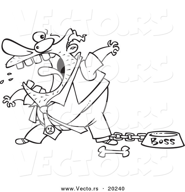 Vector of a Cartoon Fierce Boss Tied up by a Dog Bowl - Outlined Coloring Page