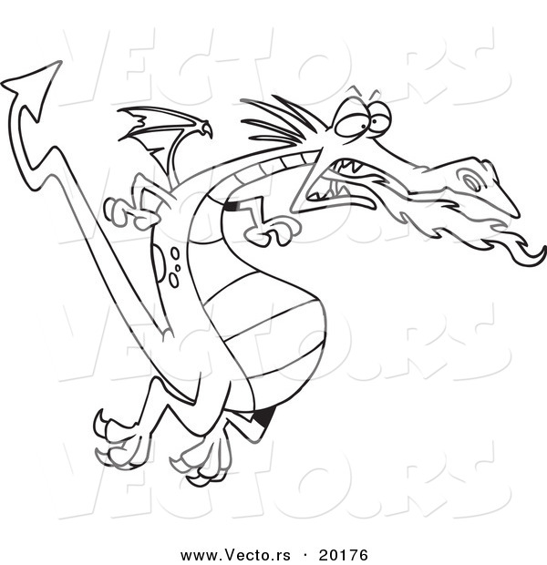 Vector of a Cartoon Fire Breathing Dragon in Flight - Outlined Coloring Page