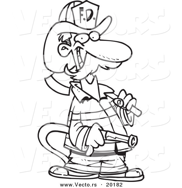 Vector of a Cartoon Fire Fighter Carrying an Axe and Hose - Outlined Coloring Page