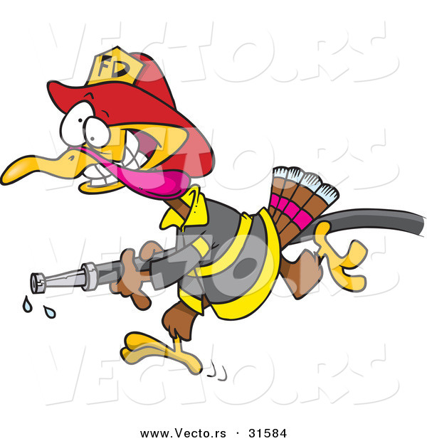 Vector of a Cartoon Fire Fighter Turkey Running with Water Hose