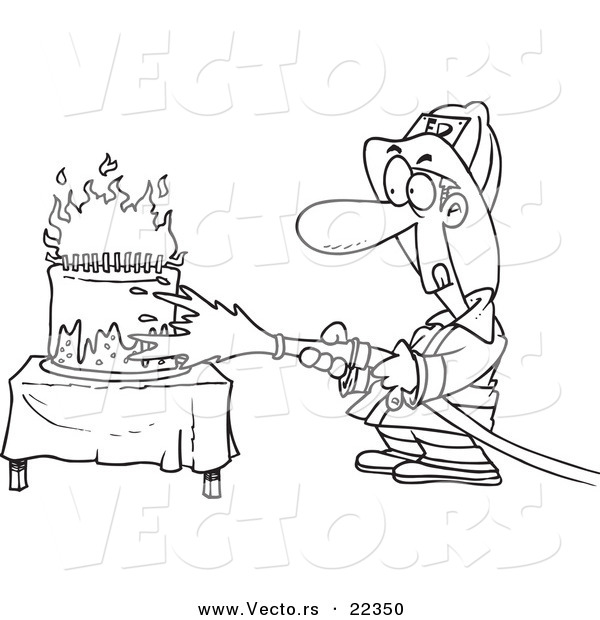 Vector of a Cartoon Fireman Extinguishing a Birthday Cake - Coloring Page Outline