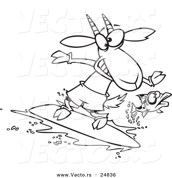 Vector of a Cartoon Fish Leaping Away from a Surfing Goat - Outlined Coloring Page