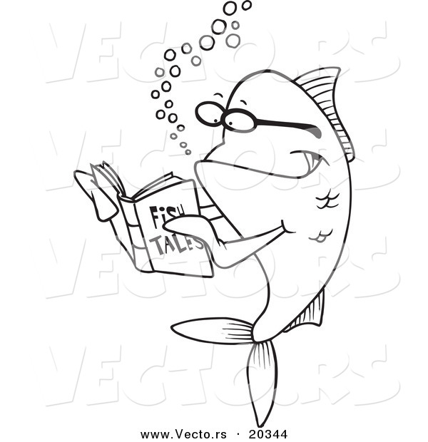 Vector of a Cartoon Fish Reading a Story Book - Coloring Page Outline
