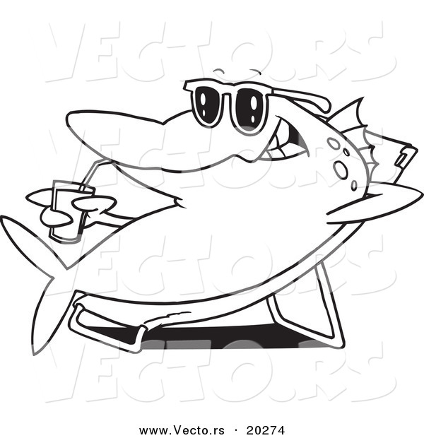 Vector of a Cartoon Fish Relaxing on a Lounge Chair and Sipping a Beverage - Outlined Coloring Page