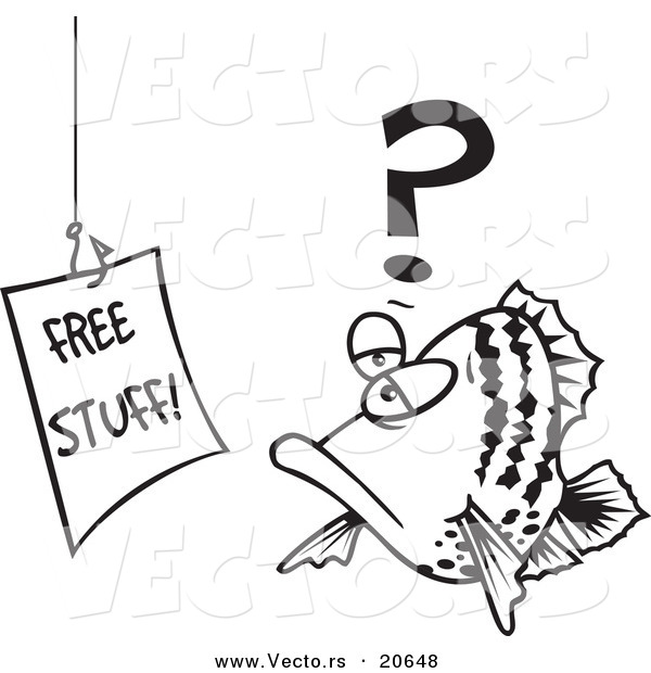 Vector of a Cartoon Fish Staring at a Free Stuff Sign - Coloring Page Outline