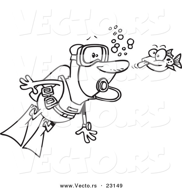 Vector of a Cartoon Fish Sticking His Tongue out at a Scuba Diver - Coloring Page Outline
