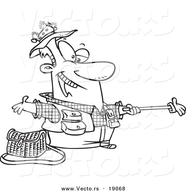 Vector of a Cartoon Fisherman Holding out a Glove on a Stick - Outlined Coloring Page