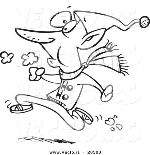 Vector of a Cartoon Fit Elf Running - Coloring Page Outline