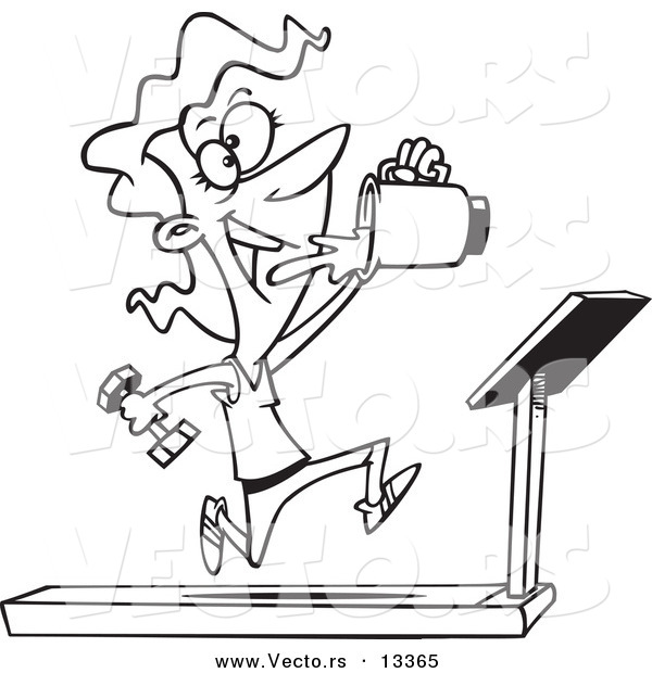 Vector of a Cartoon Fit Woman Running on a Treadmill and Drinking Juice from a Blender - Coloring Page Outline
