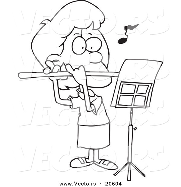 Vector of a Cartoon Flautist Girl - Coloring Page Outline