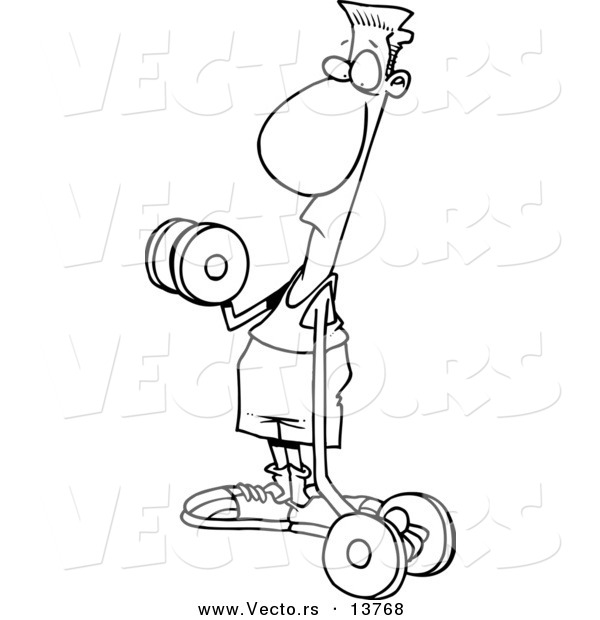 Vector of a Cartoon Flimsy Armed Man Lifting Weights - Coloring Page Outline