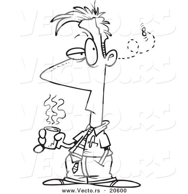 Vector of a Cartoon Fly Buzzing Around a Businessman Holding Coffee - Coloring Page Outline