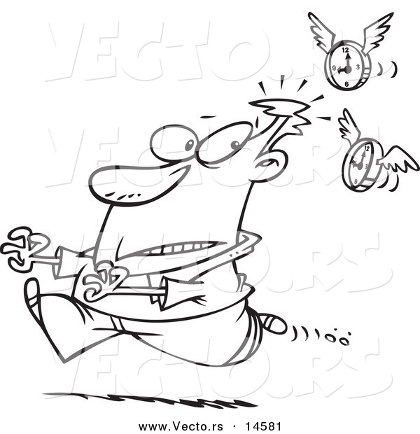 Vector of a Cartoon Flying Clocks Chasing a Man - Coloring Page Outline
