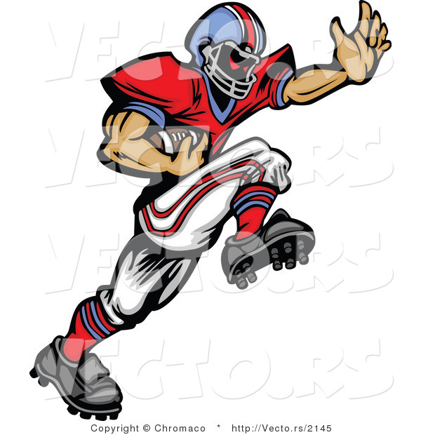 Vector of a Cartoon Football Player Mascot Charging Forward with the Ball