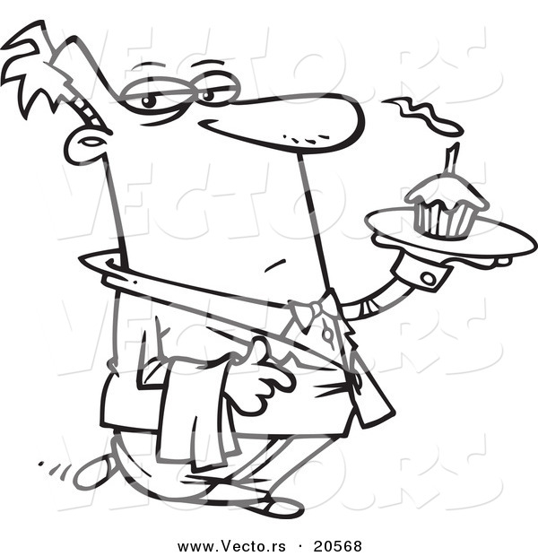 Vector of a Cartoon Formal Waiter Serving a Cupcake - Coloring Page Outline