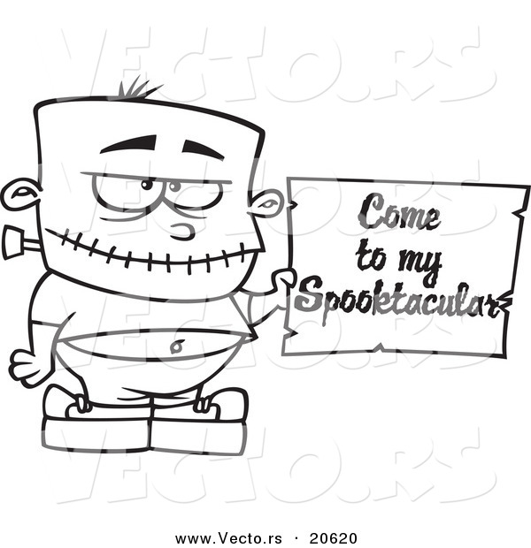 Vector of a Cartoon Frankenstein Boy Holding a Come to My Spooktacular Party Sign - Coloring Page Outline