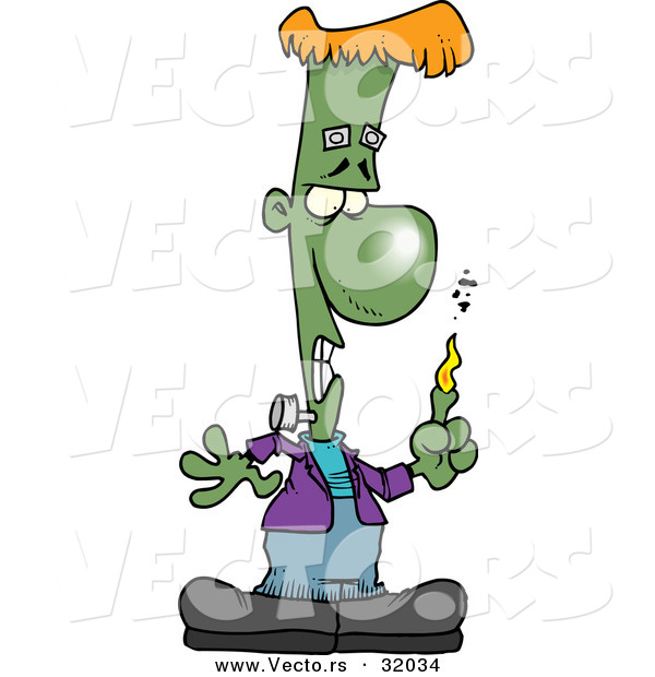Vector of a Cartoon Frankenstein Looking at His Burning Finger
