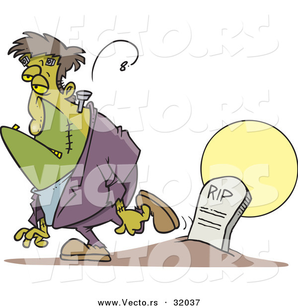 Vector of a Cartoon Frankenstein Walking Away from a Grave Stone with Moon in Background