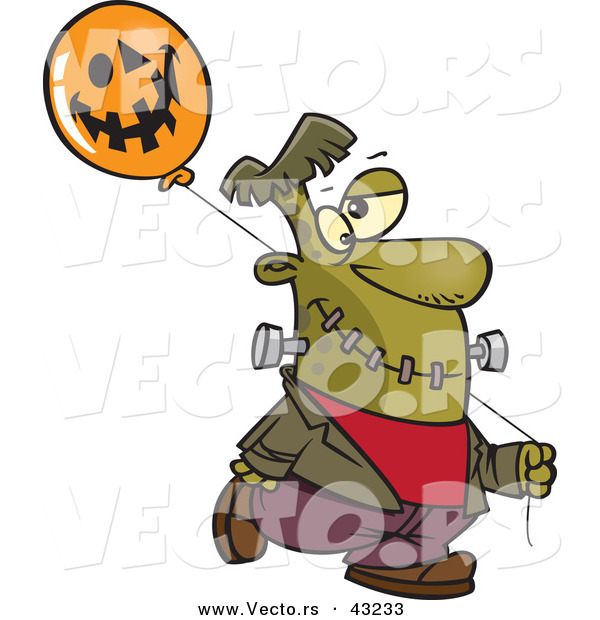 Vector of a Cartoon Frankenstein Walking with a Halloween Jackolantern Balloon
