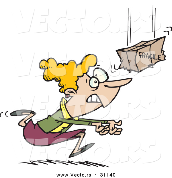 Vector of a Cartoon Frantic Blond White Woman Catching a Fragile Package