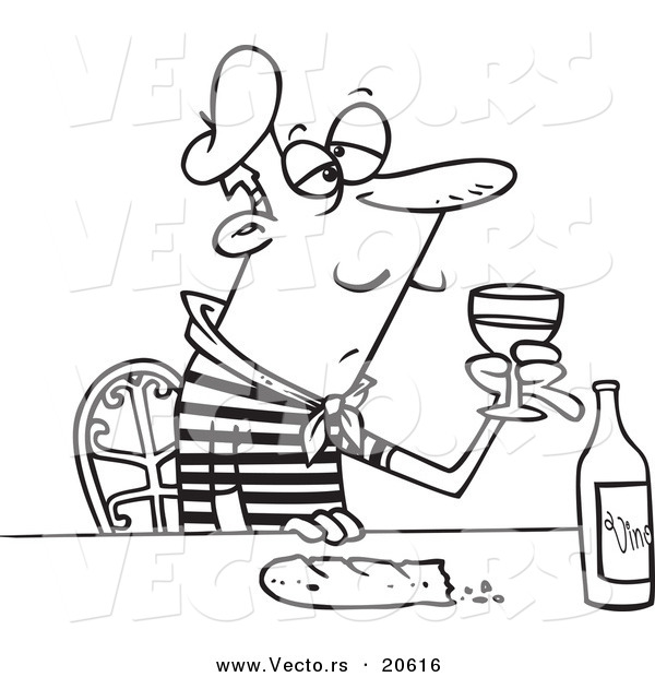Vector of a Cartoon French Man with Wine and Bread - Coloring Page Outline
