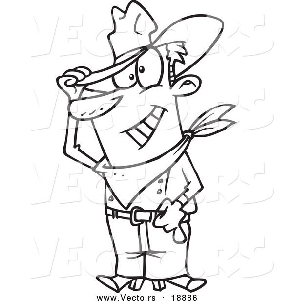 Vector of a Cartoon Friendly Cowboy Tipping His Hat - Outlined Coloring Page