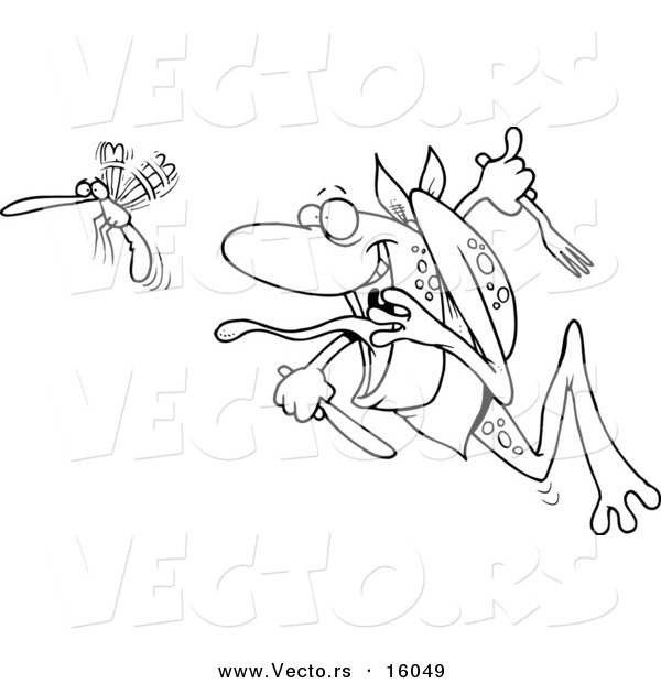 Vector of a Cartoon Frog Chasing a Bug with a Fork and Knife - Outlined Coloring Page Drawing