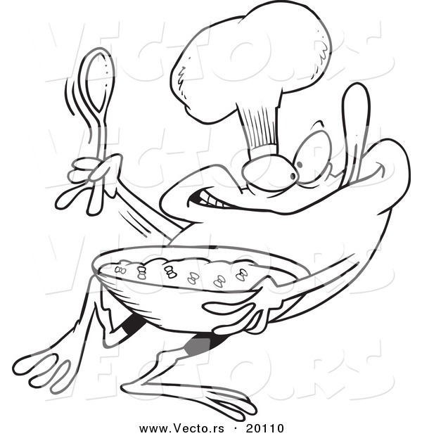 Vector of a Cartoon Frog Chef Mixing Flies - Outlined Coloring Page