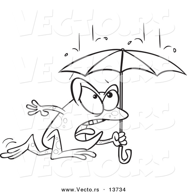 Vector of a Cartoon Frog Dashing Through the Rain with an Umbrella - Coloring Page Outline