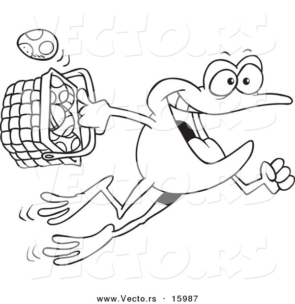 Vector of a Cartoon Frog Hopping with a Basket of Easter Eggs - Outlined Coloring Page Drawing