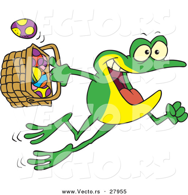Vector of a Cartoon Frog Jumping with a Basket Full of Easter Eggs