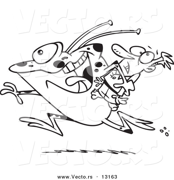 Vector of a Cartoon Frog like Monster or Alien Abducting a Scared Man - Coloring Page Outline