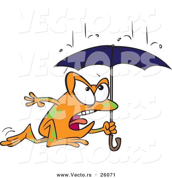 Vector of a Cartoon Frog Running Through Rain Under an Umbrella