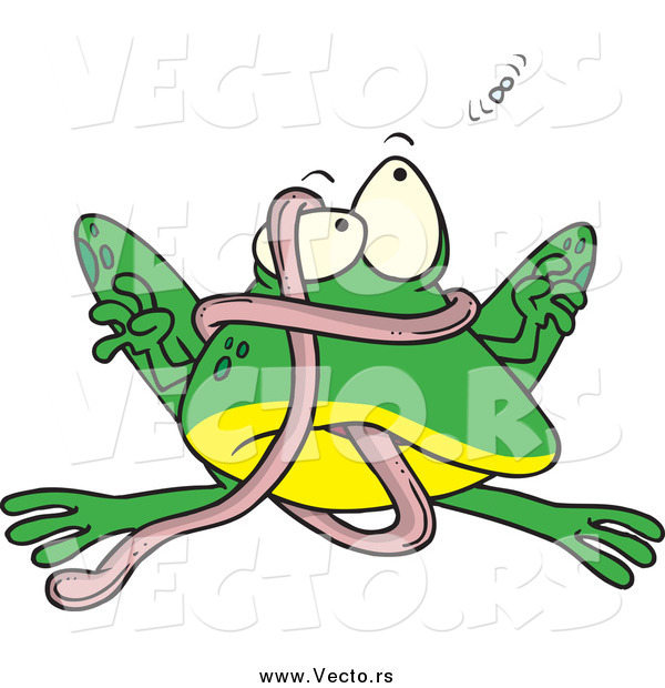 Vector of a Cartoon Frog Tangled in His Tongue and Watching a Fly