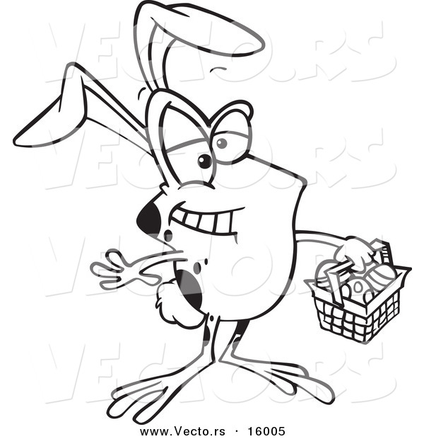 Vector of a Cartoon Frog Wearing Bunny Ears and Carrying an Easter Basket - Outlined Coloring Page Drawing