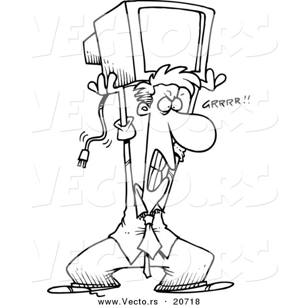 Vector of a Cartoon Frustrated Businessman Throwing a Computer Monitor - Coloring Page Outline