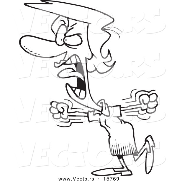 Vector of a Cartoon Furious Businesswoman Stomping and Screaming - Outlined Coloring Page Drawing