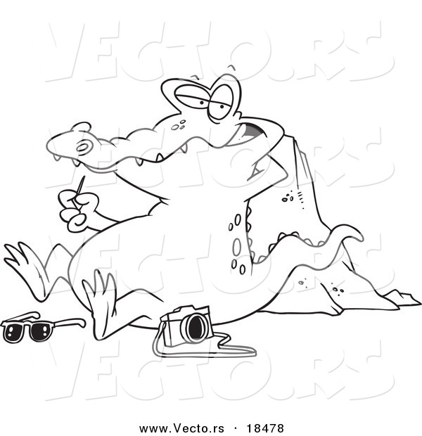 Vector of a Cartoon Gator Picking His Teeth After Eating a Tourist - Outlined Coloring Page