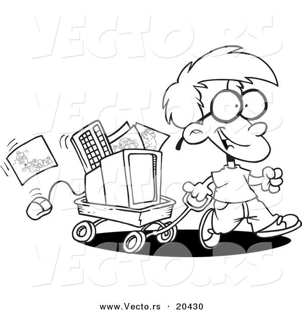 Vector of a Cartoon Geeky Boy Moving His Computer in a Wagon - Coloring Page Outline