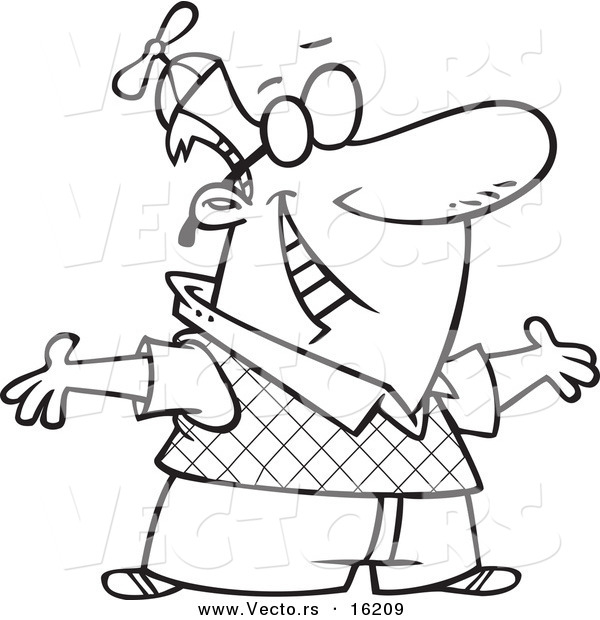 Vector of a Cartoon Geeky Man Holding His Arms Open - Outlined Coloring Page Drawing