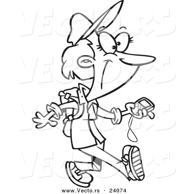 Vector of a Cartoon Geocaching Lady Holding a Gps Device - Coloring Page Outline