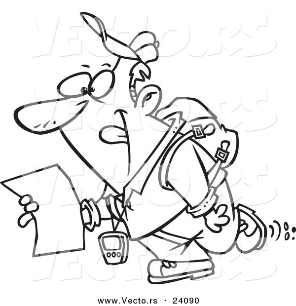 Vector of a Cartoon Geochaching Guy Holding a Map - Coloring Page Outline