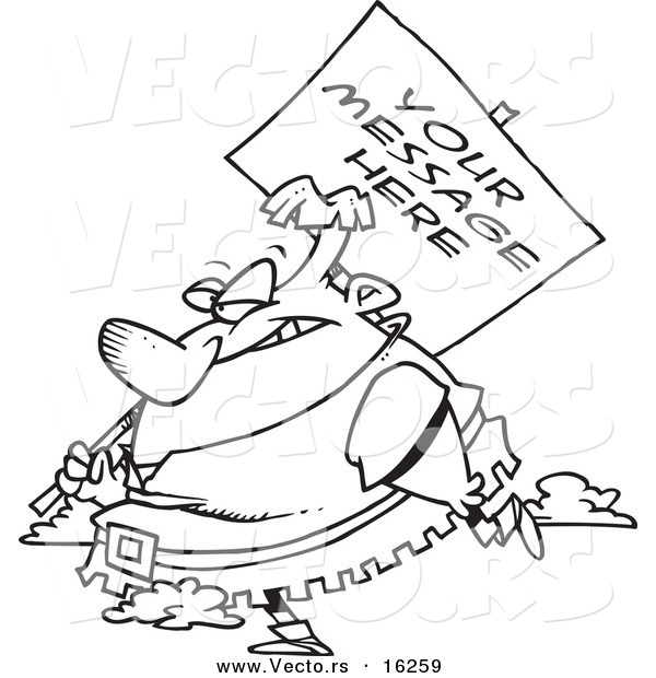 Vector of a Cartoon Giant Carrying a Sign over His Shoulder - Outlined Coloring Page Drawing