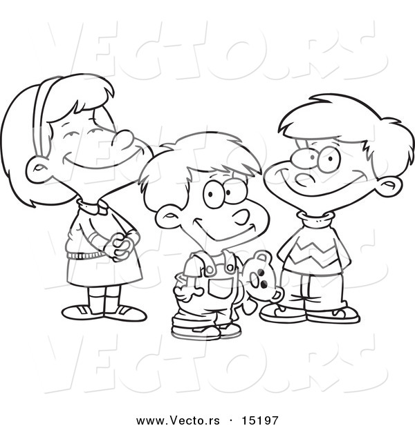 Vector of a Cartoon Girl and Two Boys - Coloring Page Outline